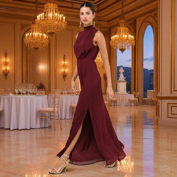 Lulus Classic Elegance Plum Chiffon Sleeveless Mock Neck Maxi Dress Size Small - Picture 3 of 9